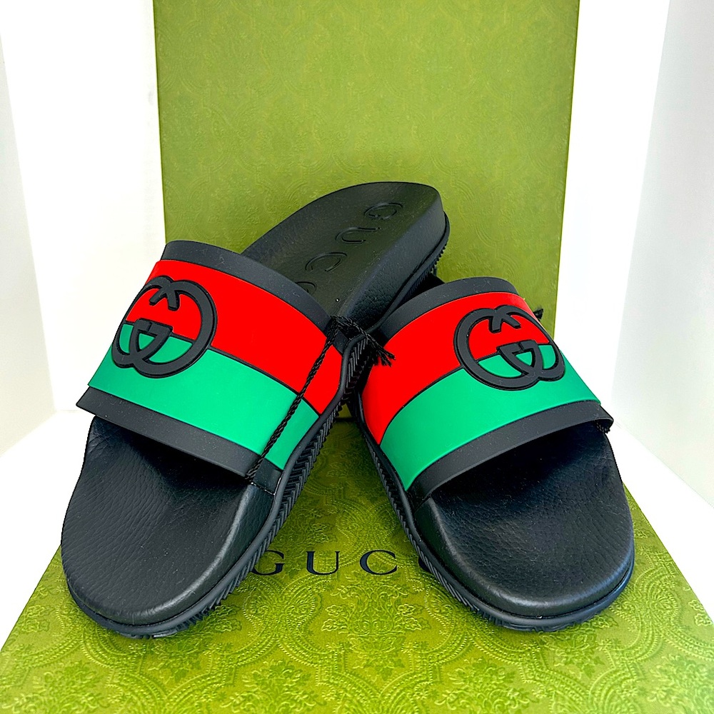 Gucci Black Slides with Red and Green Signature Stripe